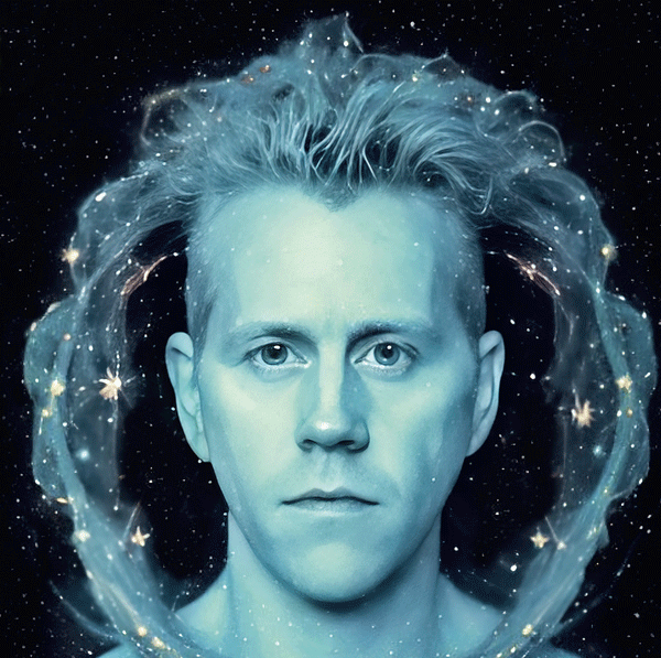 Blue-tinted portrait of a man with a glowing, starry ring of smoke around his head against a black space background.