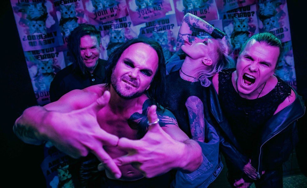 Punk band poses in purple-blue light; front man points at camera, others sing and drink before cat posters reading ARE YOU A WEIRDO?