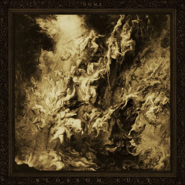 Sepia-toned artwork of entwined figures in dynamic poses amidst swirling clouds. Text at the top reads "HOME" and at the bottom "BLOSSOM CULT".