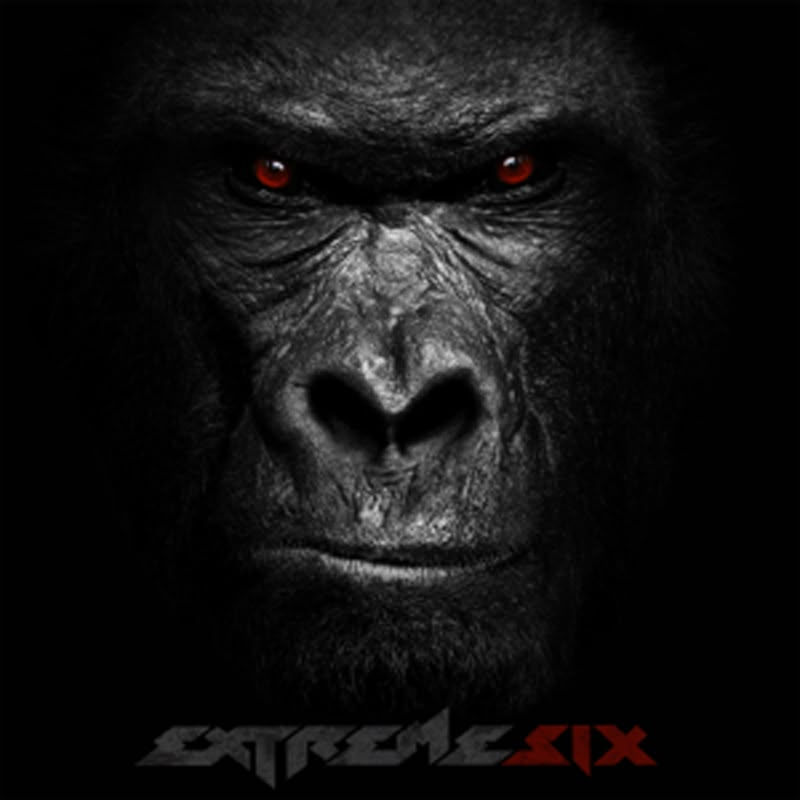 Gorilla face with red eyes on a black background. Text "EXTREME SIX" is visible below, in bold, stylized font. Intense mood.