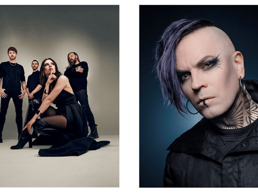 Band members in black attire pose confidently on the left; close-up of an individual with purple hair and tattoos on the right against a dark backdrop.