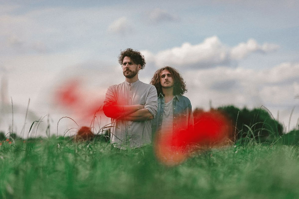 Two men stand in a green field with red flowers, looking thoughtful. The sky is cloudy, creating a calm and serene atmosphere.