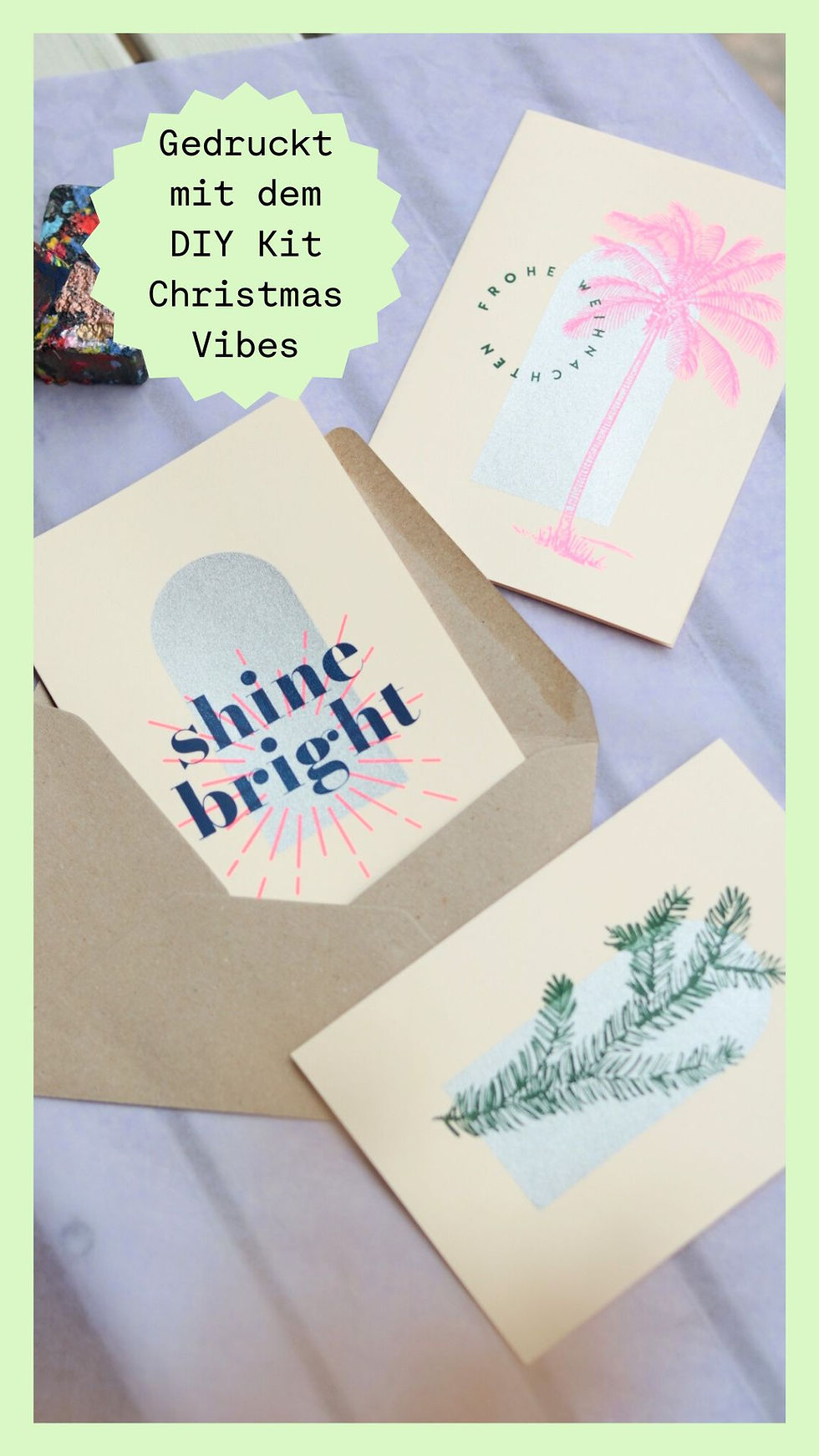 Weihnachtskarten selber machen, Weihnachtskarten mit Palme, Tannenzweig und Schriftzug