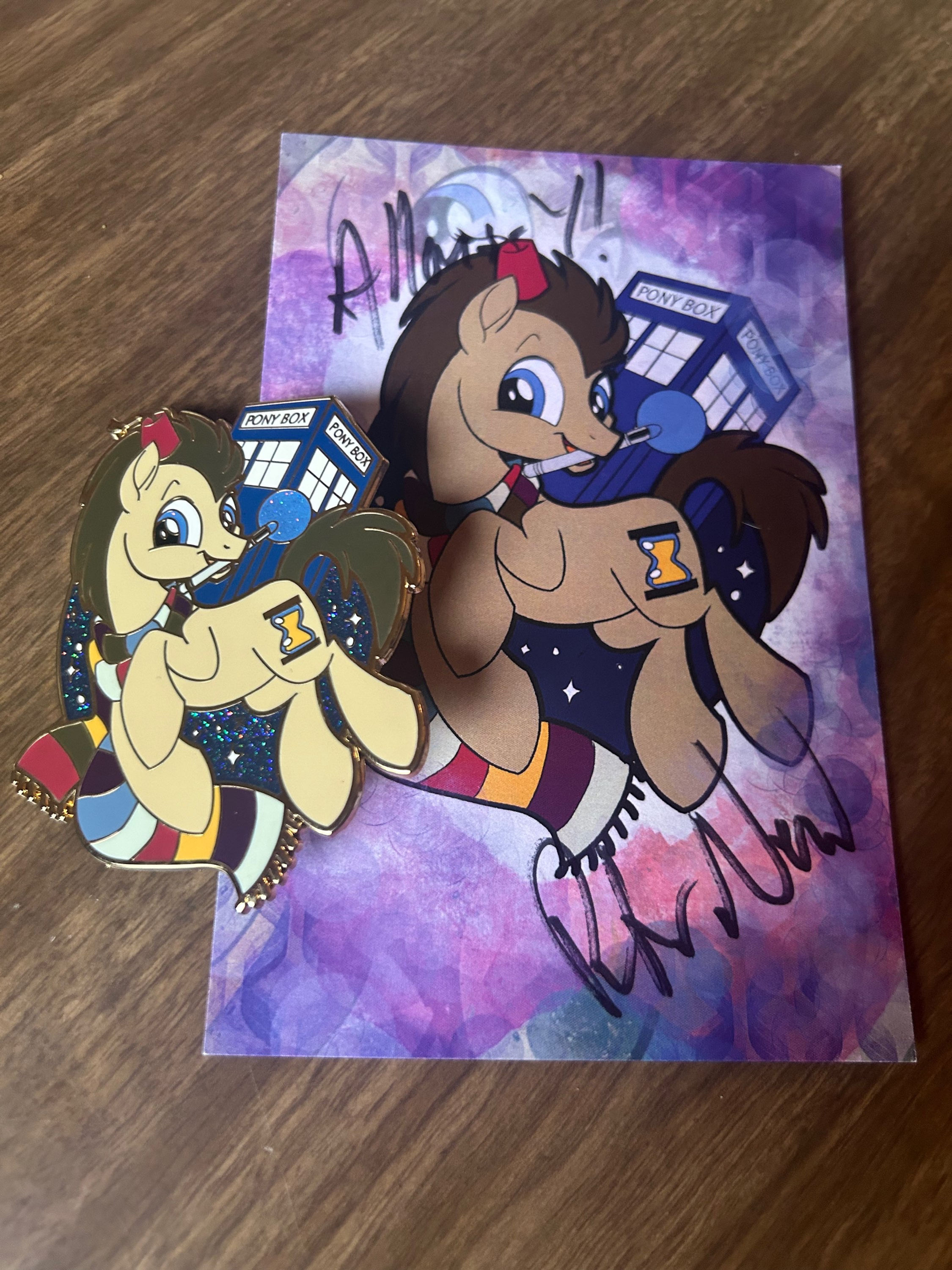 Dr Whooves enamel pin and autographed print art by Sophie Scruggs