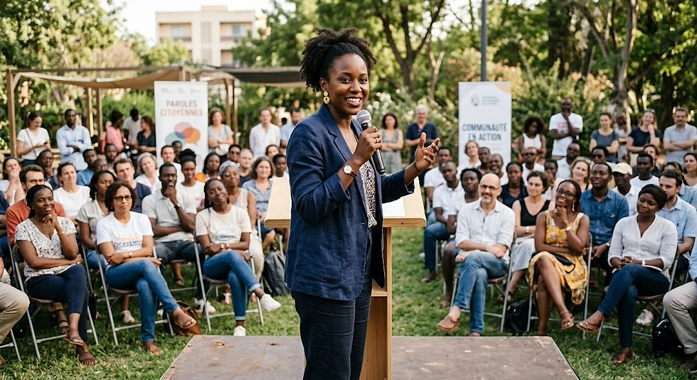 Une femme s'exprime avec passion devant une foule attentive lors d'un rassemblement communautaire en plein air. © Image Généré par Gemini