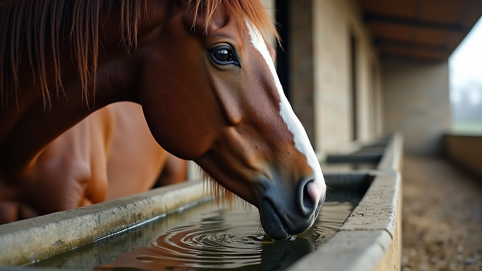 Eye-level view of a horse drinking water from a trough in a stable