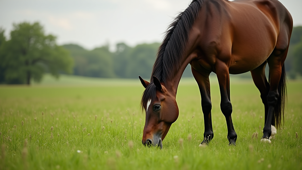 Close-up view of a horse grazing in a green pasture