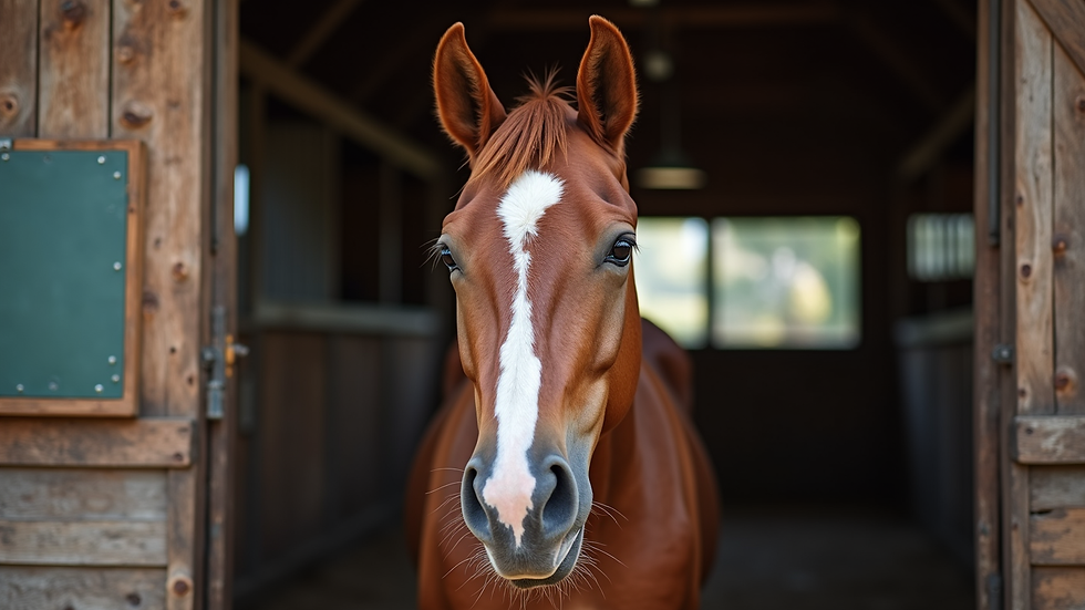 Eye-level view of a horse standing calmly in a stable with clear nostrils