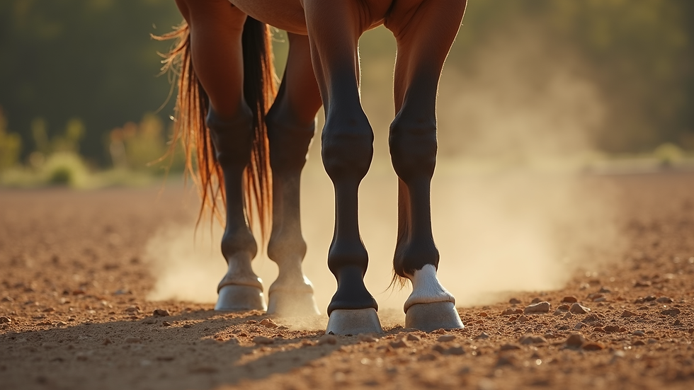 High angle view of a horse’s strong legs standing on soft dirt ground
