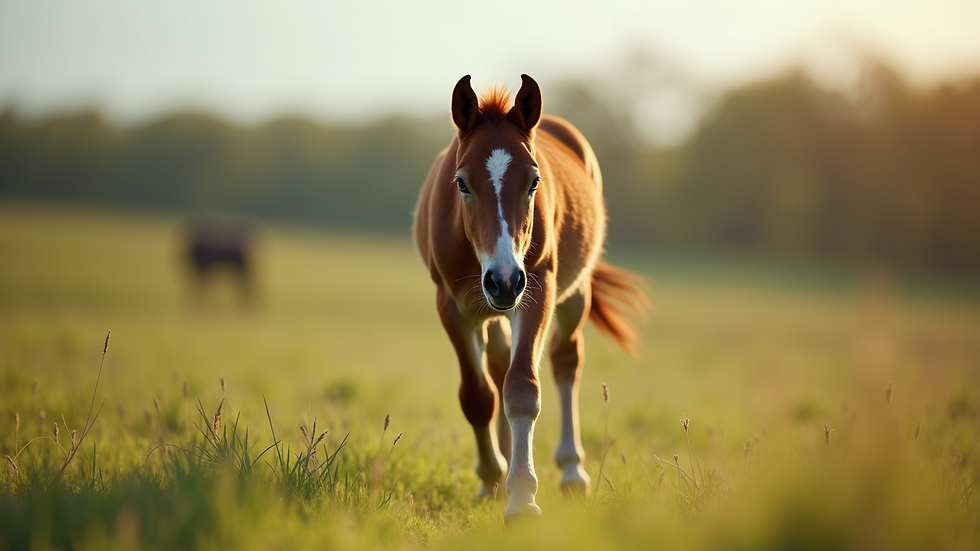 Eye-level view of a young horse walking on soft grass