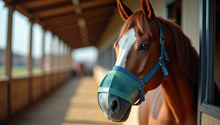 Close-up view of a horse receiving inhalation treatment with a nebulizer mask