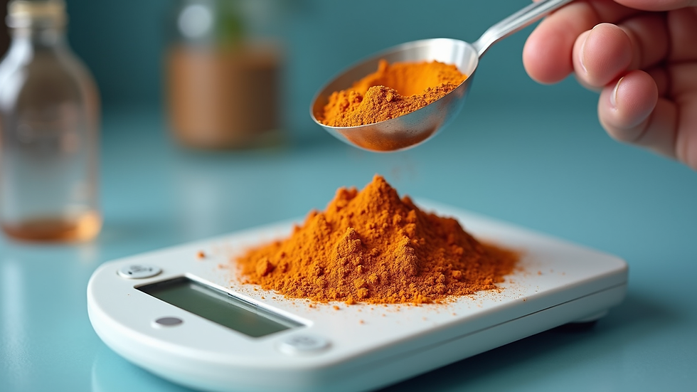 High angle view of copper gluconate powder being measured on a scale