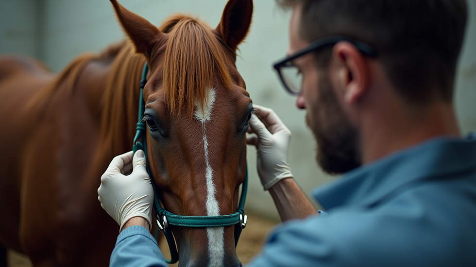 Eye-level view of a veterinarian examining a horse with colic symptoms