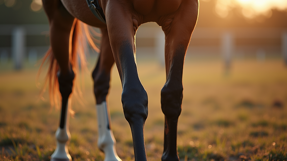 High angle view of a horse’s leg with visible tendons and healthy skin