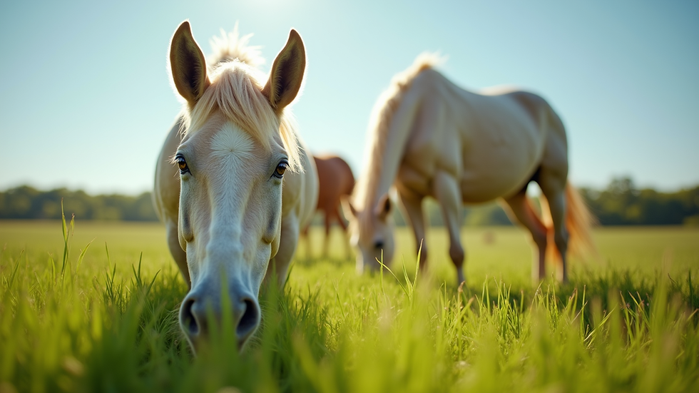 Eye-level view of a horse grazing in a green pasture under clear sky