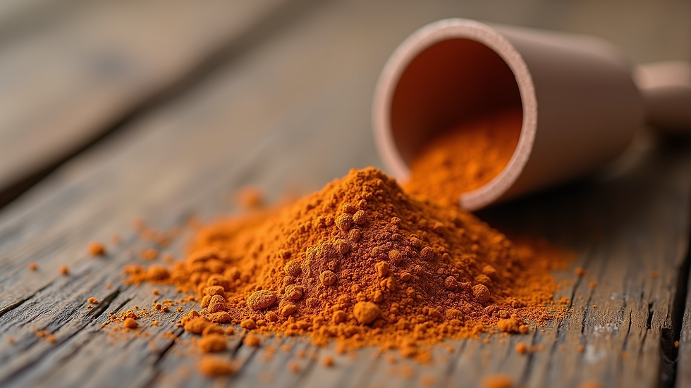 High angle view of copper supplement powder and measuring scoop on wooden table