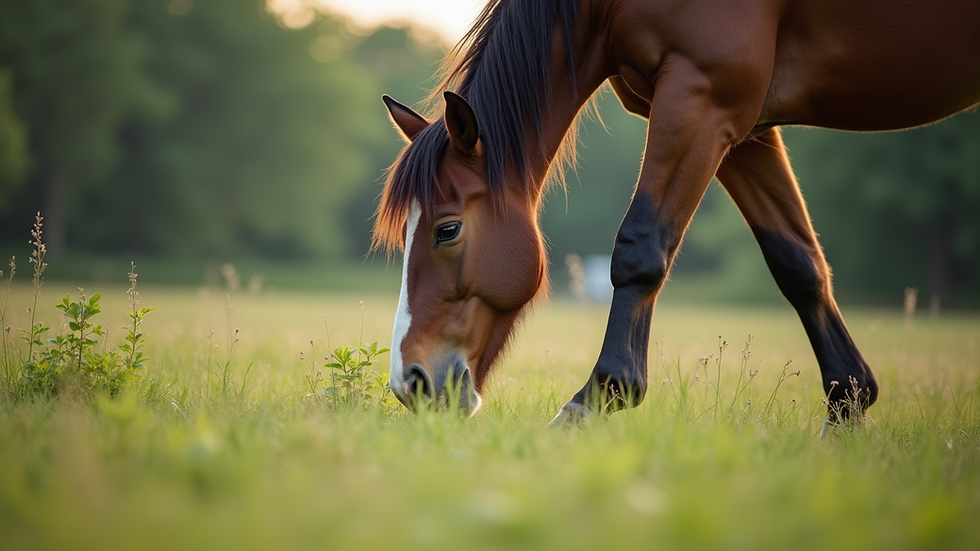 Close-up view of a horse grazing on green pasture
