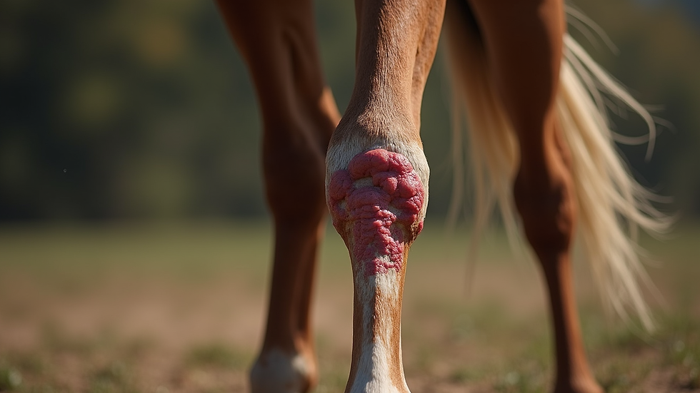 Close-up view of a horse’s leg showing swelling and inflammation