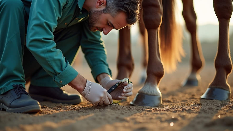 Eye-level view of a veterinarian examining a horse's hock for signs of curb