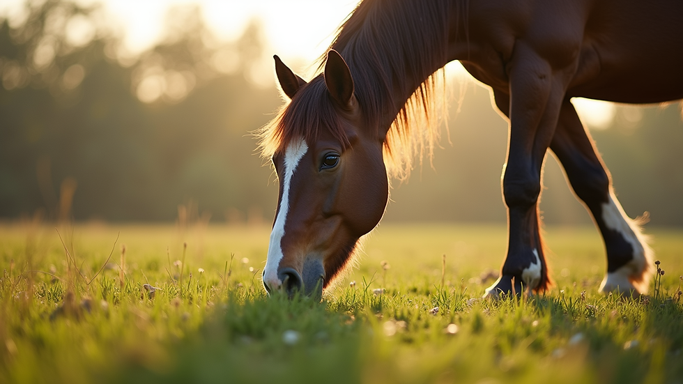 Eye-level view of a horse grazing on iodine-rich pasture