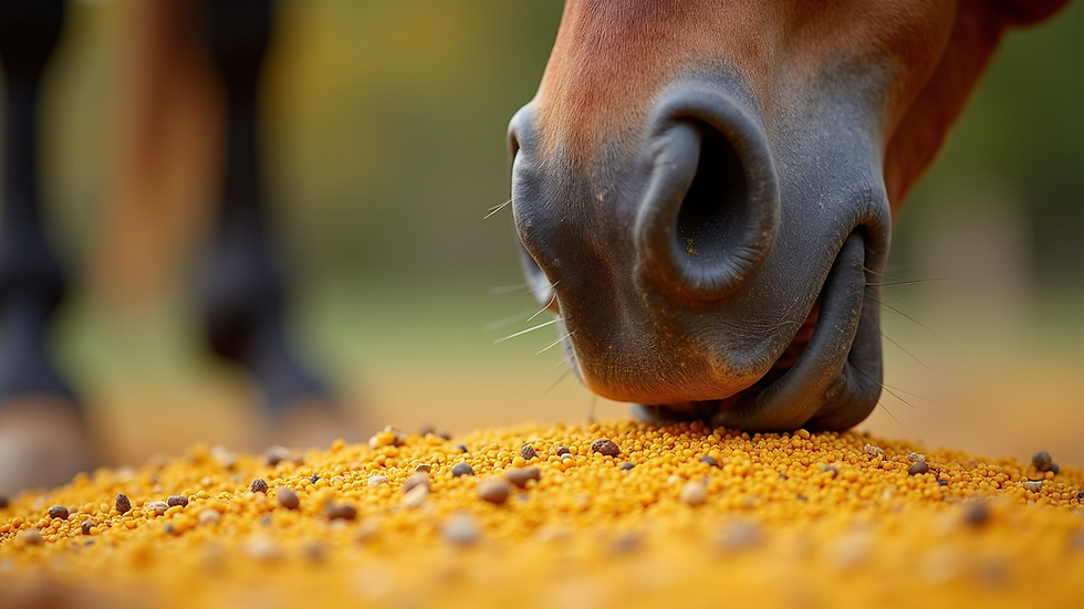 Close-up view of a horse eating feed mixed with bee pollen granules