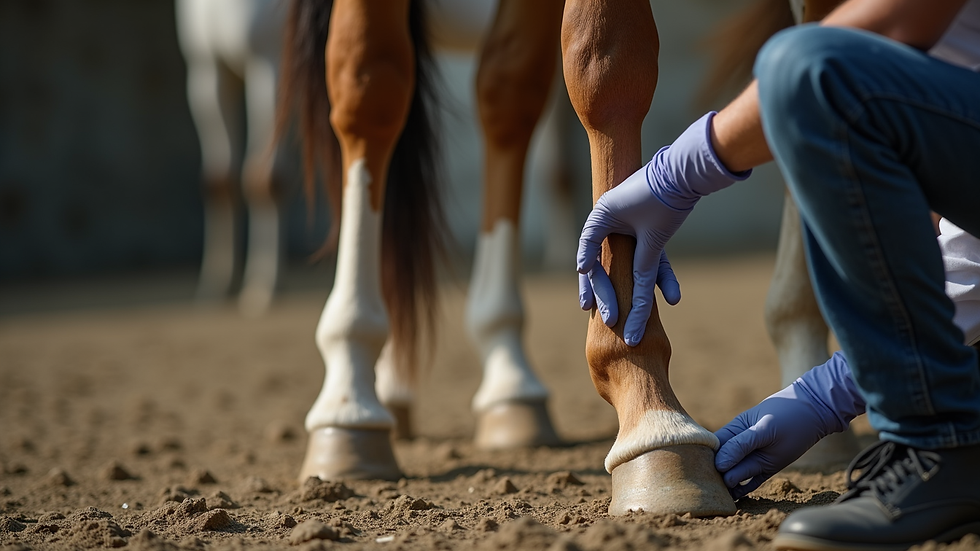 Eye-level view of a horse’s leg being treated with DMSO gel