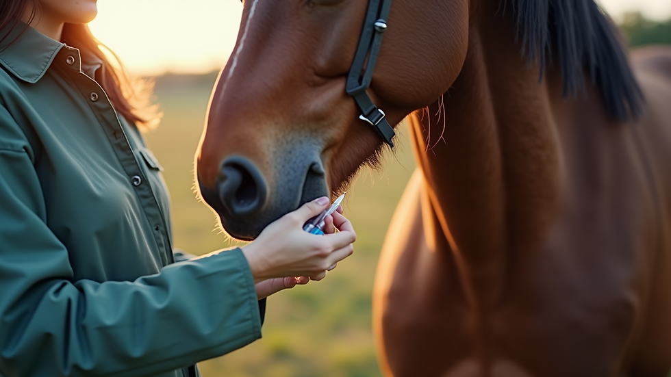 Close-up view of a horse receiving medication injection in the neck