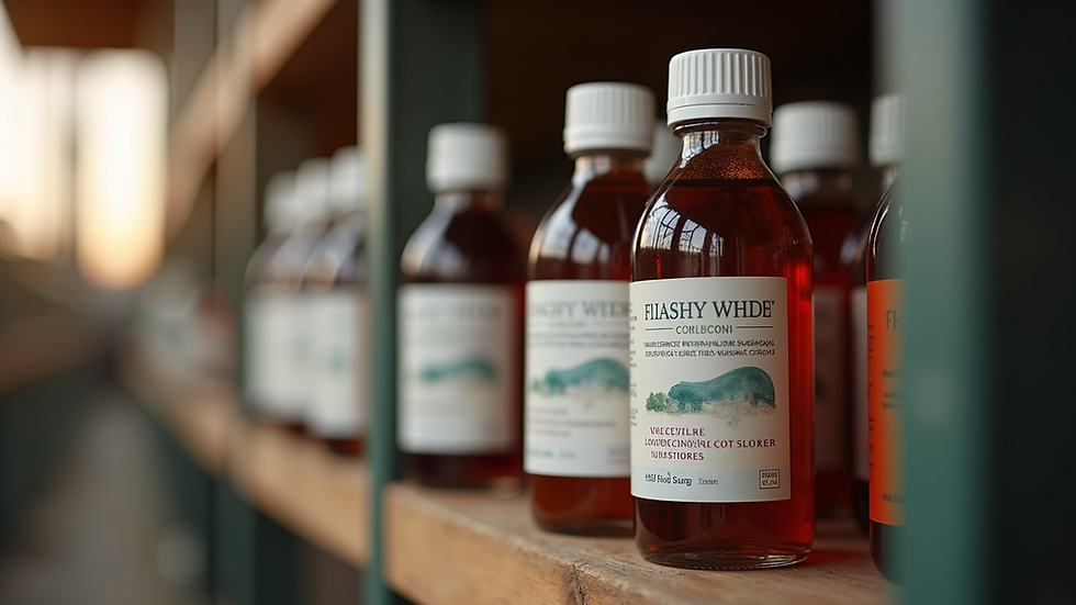 Close-up view of a 200ml bottle of toltrazuril suspension for horses on a stable shelf