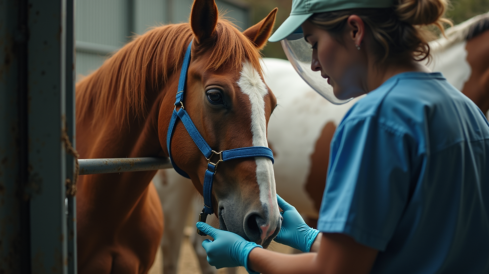 Eye-level view of a horse receiving veterinary care in a stable
