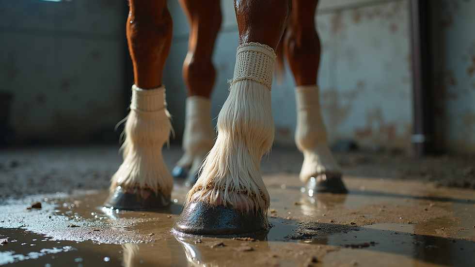High angle view of wet and dry socks prepared for equine hydrotherapy