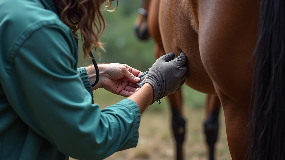 High angle view of a veterinarian examining a horse's leg