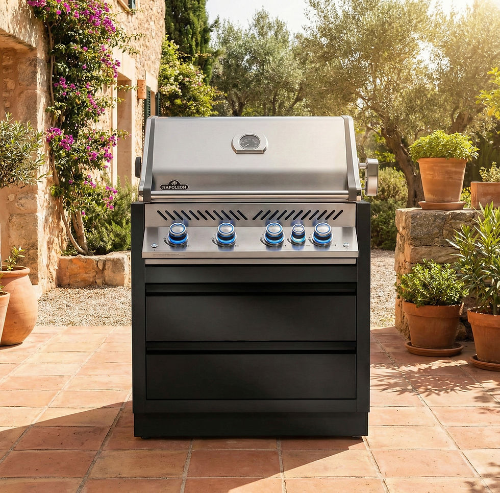 Meuble sous barbecue OASIS Napoleon avec Prestige PRO 500 encastré dans un jardin méditerranéen.