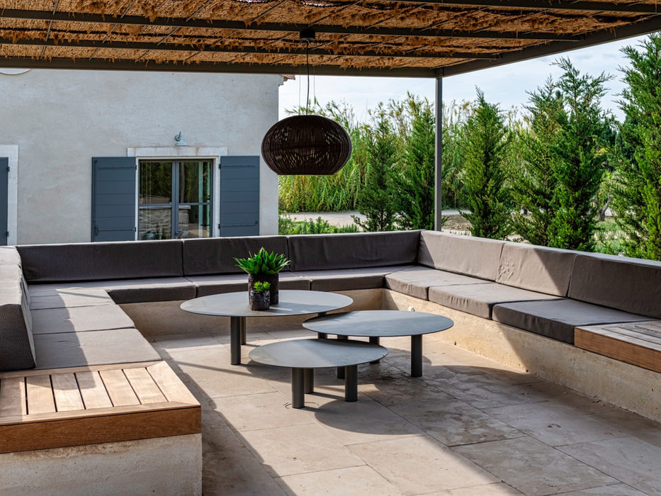 banquette sur mesure avec coussins confectionnés avec tissus outdoor