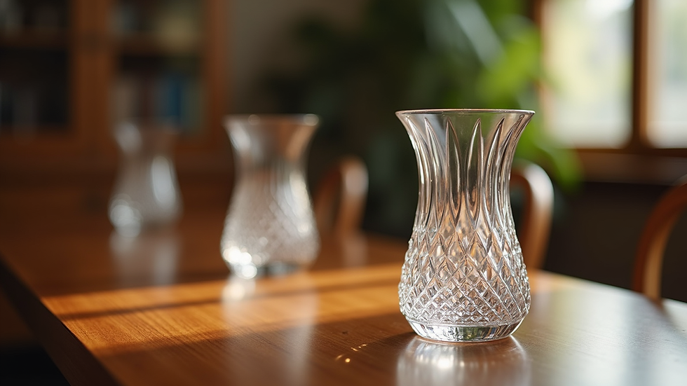 Close-up view of a Baccarat crystal vase displayed on a polished wooden table