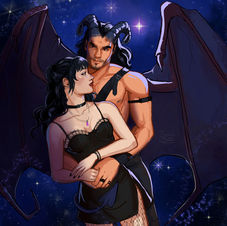 Character art of Rhett and Joan from Demon's Bane by Leigh Miller, part of the Crescent Coven series. Image features a male demon in black pants holding a female witch in a black dress with a night sky as the background.