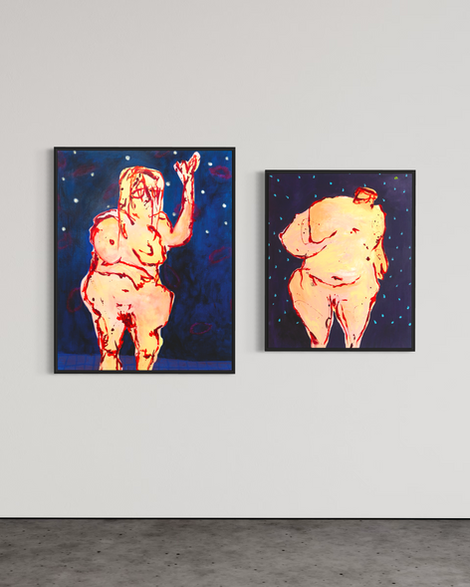 "Woman dancing under the stars" et "Woman in the night" de Nataly Goubet
2 toiles inspirées des peintures rupestres