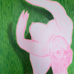 Œuvre de Nataly Goubet figurant une femme renversée dans une posture fluide, lignes rouges et fond coloré.