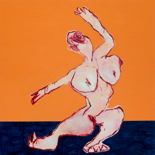 Peinture figurative de Nataly Goubet illustrant un corps féminin en étirement, aux contours rouges sur fond orange