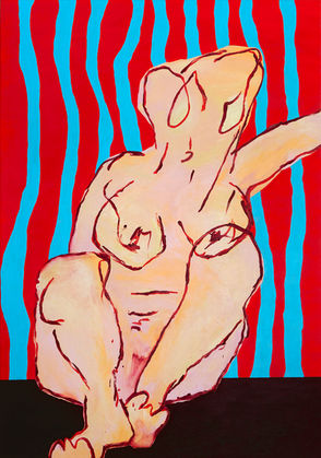 Grab my hand de Nataly Goubet montre 1 silhouette féminine assise par terre qui tend le bras vers l'extérieur, symbole de la connexion et la solidarité, dans un style expressif aux textures variées.