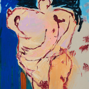 Peinture figurative de Nataly Goubet montrant une femme dans un mouvement dynamique qui évoque la bonne humeur.