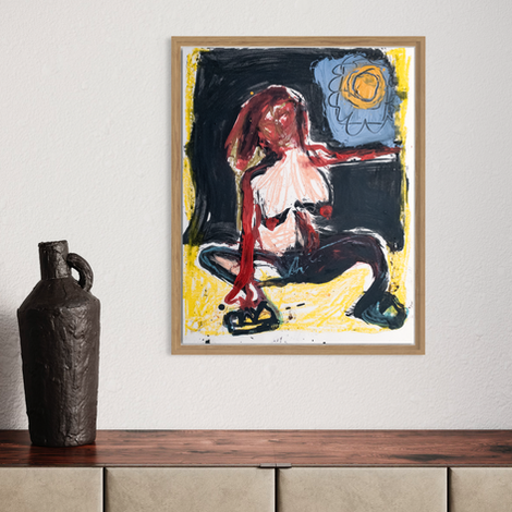 Dessin d'une femme accroupie. Oeuvre encadrée de Nataly Goubet