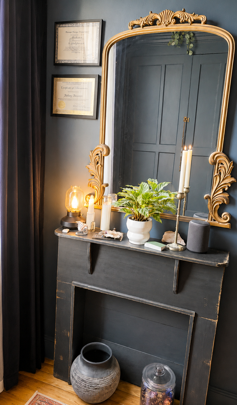 Vintage mirror and calming wellness decor at Shire Wellness Edgewater NJ