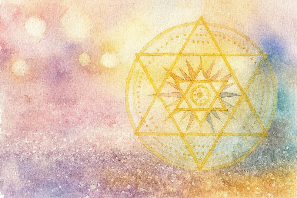 Watercolor painting of a golden sacred geometry mandala with layered triangles and a central sun-like design, set against a soft pastel background of pink, purple, blue, and yellow washes with a sparkling texture at the bottom.