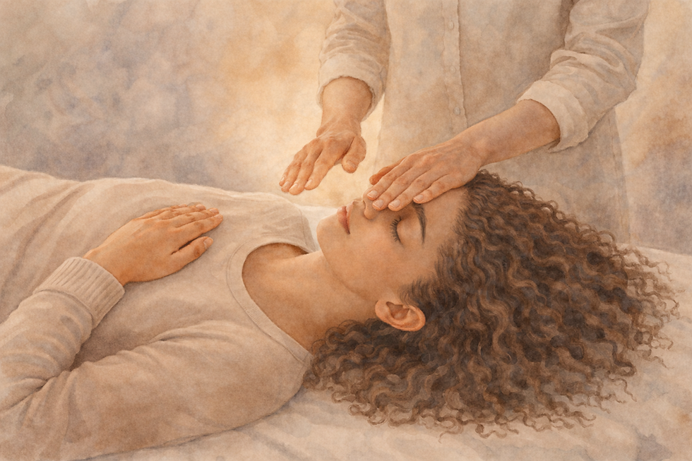 A woman receiving in-person energy healing, with focused attention at the third eye and heart — supporting insight, integration, and reconnection.