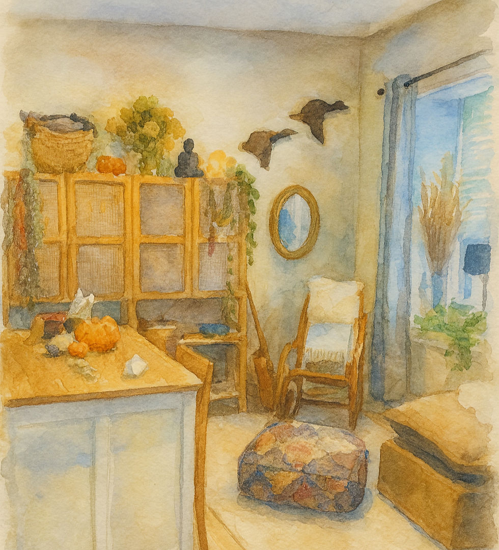 Cozy room with wicker cabinet, pumpkins on table, rocking chair, tapestry pouf, wall ducks, oval mirror, and bright window. Autumn decor.