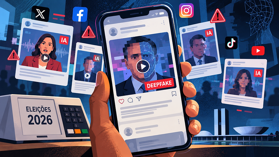 Ilustração sobre inteligência artificial, deepfakes e conteúdos eleitorais nas redes sociais durante as eleições de 2026