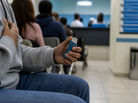 Pessoa segurando inalador azul em sala de espera de hospital. Outras pessoas sentadas ao fundo. Ambiente hospitalar e neutro.