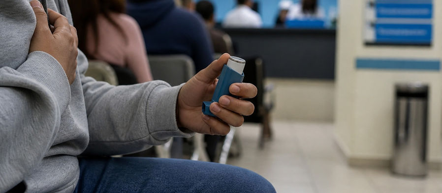 Pessoa segurando inalador azul em sala de espera de hospital. Outras pessoas sentadas ao fundo. Ambiente hospitalar e neutro.