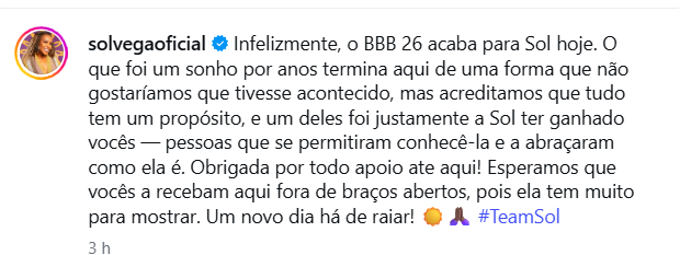 Nota a equipe de Sol Vega sobre expulsão no BBB26