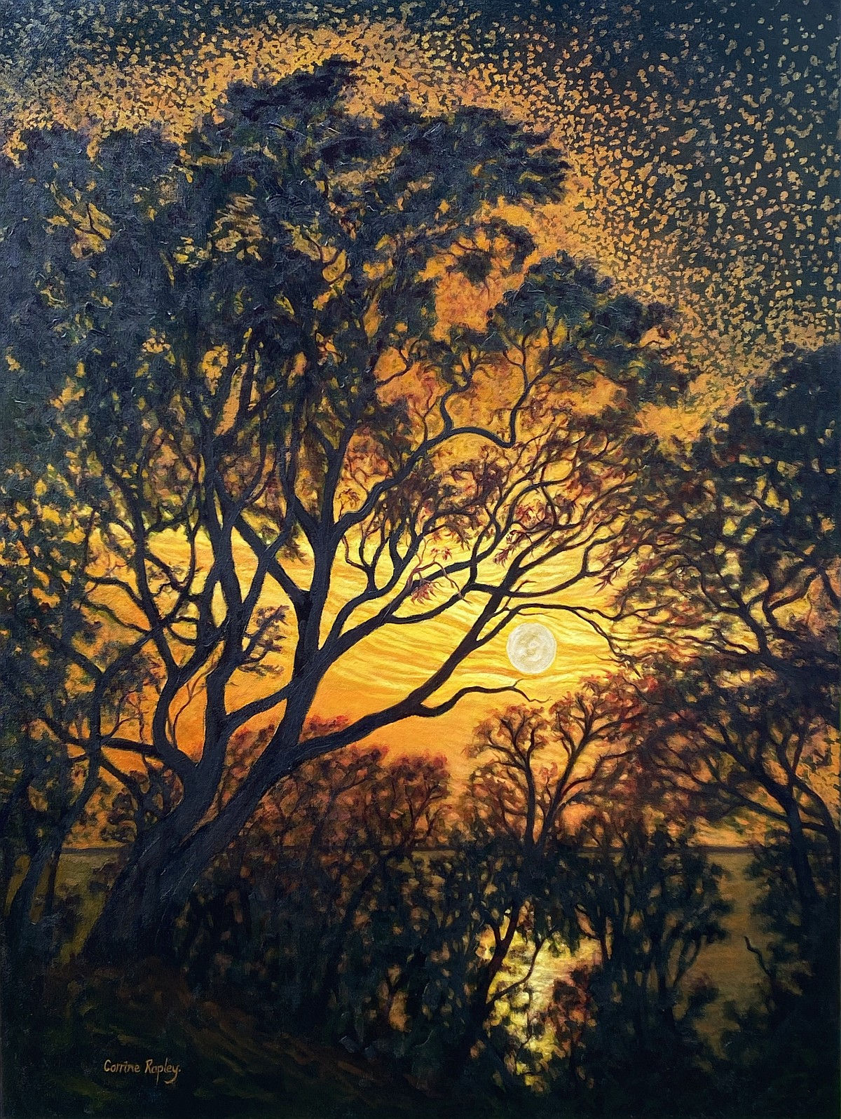 Golden Moonglow gold leaf oil painting by Corrine Rapley